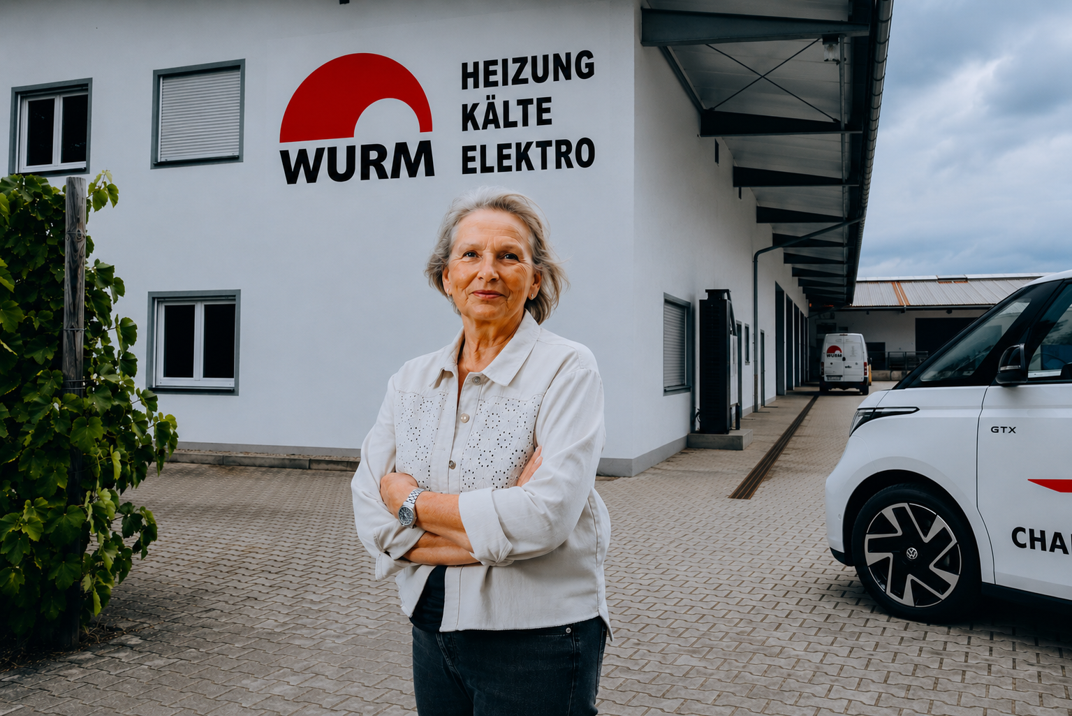 Portrait einer Mitarbeiterin der Verwaltung vor dem Betriebsgebäude
